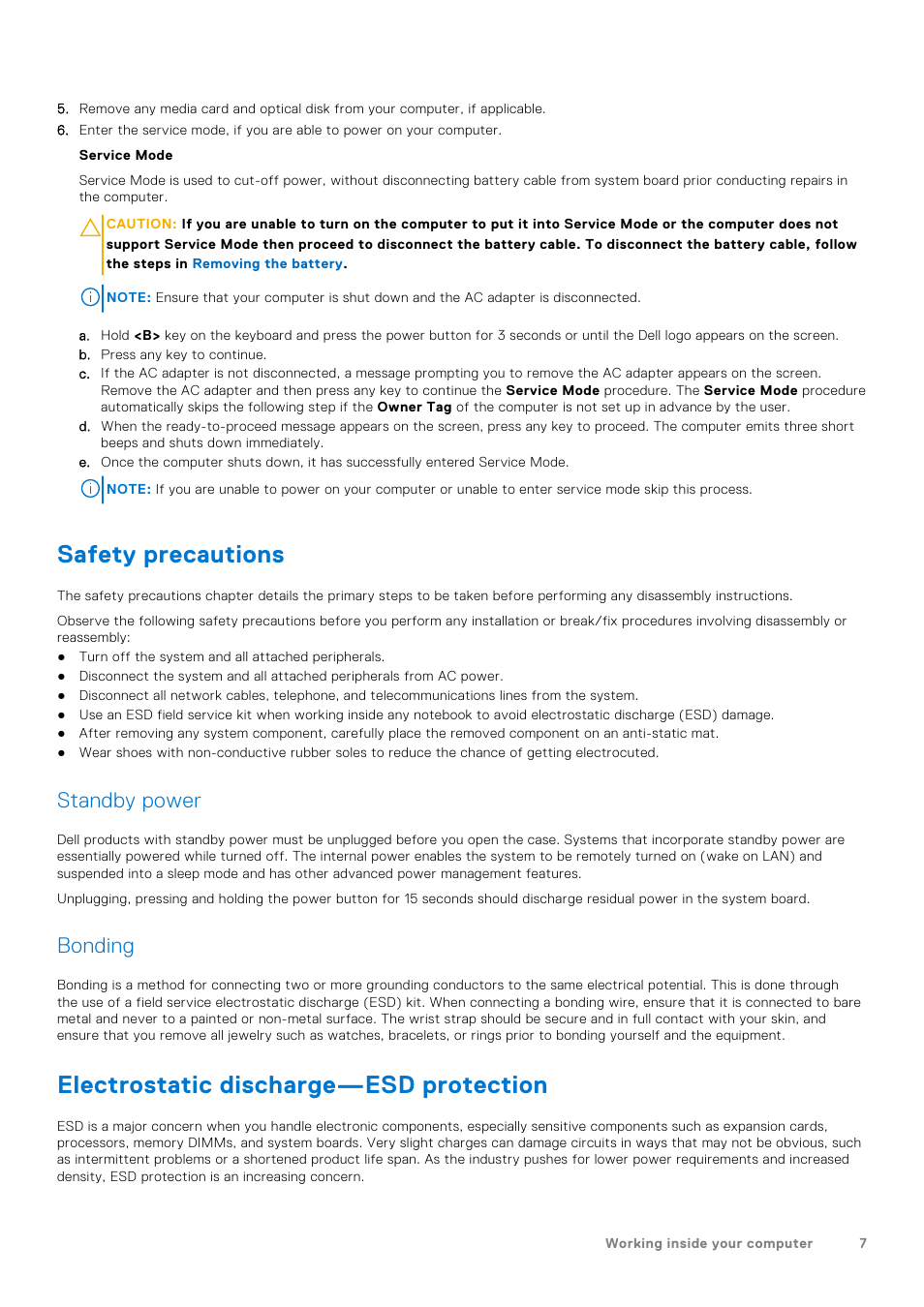 Safety precautions, Electrostatic discharge—esd protection, Standby power | Bonding | Dell 14" Mobile Precision 3470 Mobile Workstation (Silver) User Manual | Page 7 / 121