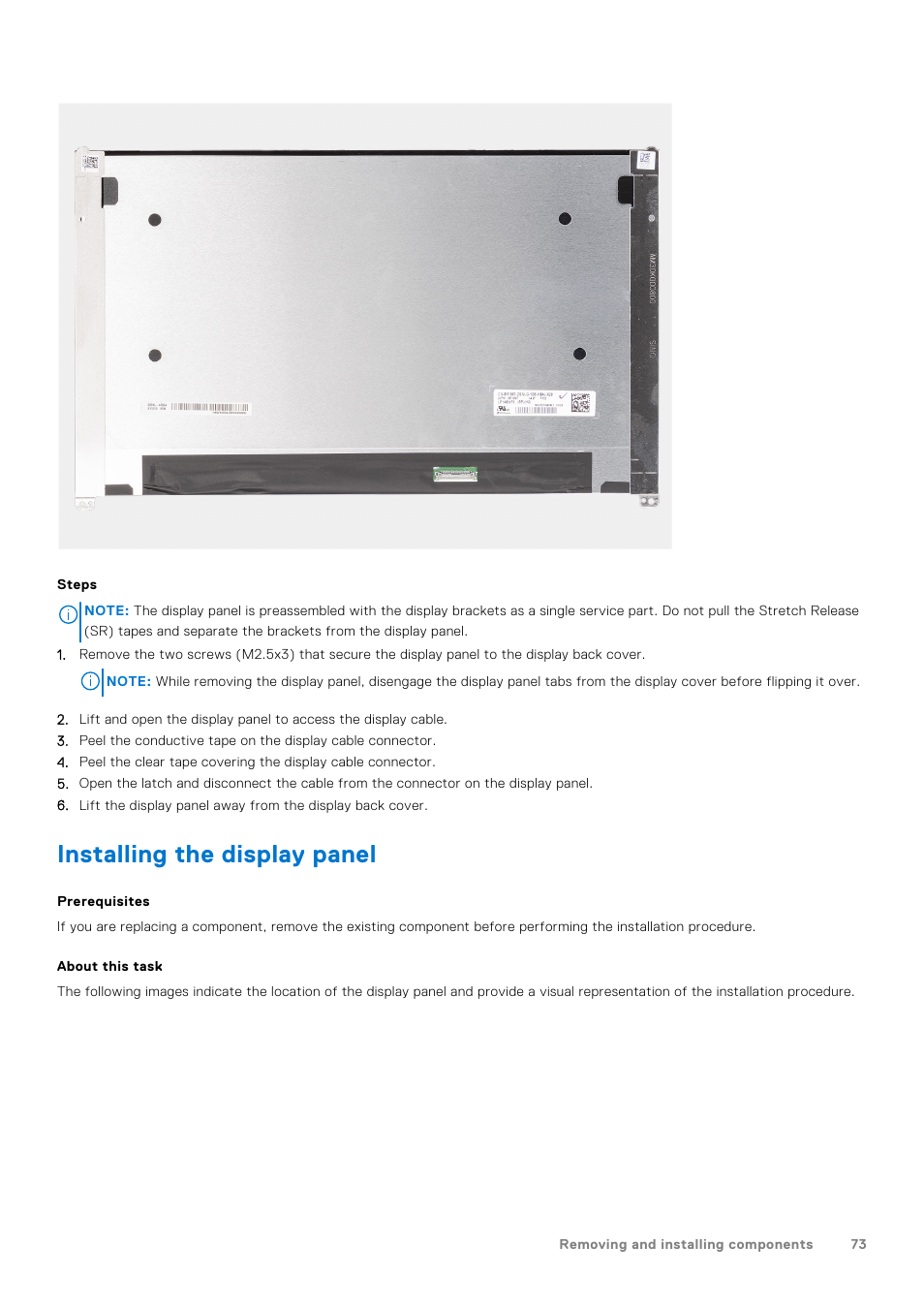 Installing the display panel | Dell 14" Mobile Precision 3470 Mobile Workstation (Silver) User Manual | Page 73 / 121