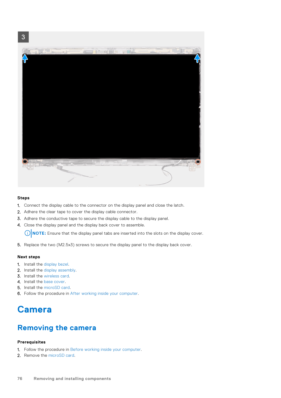 Camera, Removing the camera | Dell 14" Mobile Precision 3470 Mobile Workstation (Silver) User Manual | Page 76 / 121