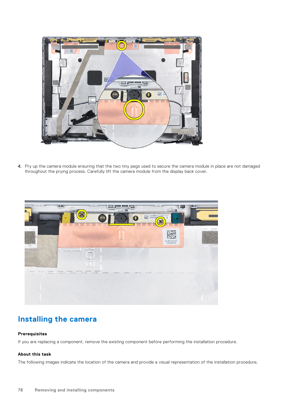 Installing the camera | Dell 14" Mobile Precision 3470 Mobile Workstation (Silver) User Manual | Page 78 / 121