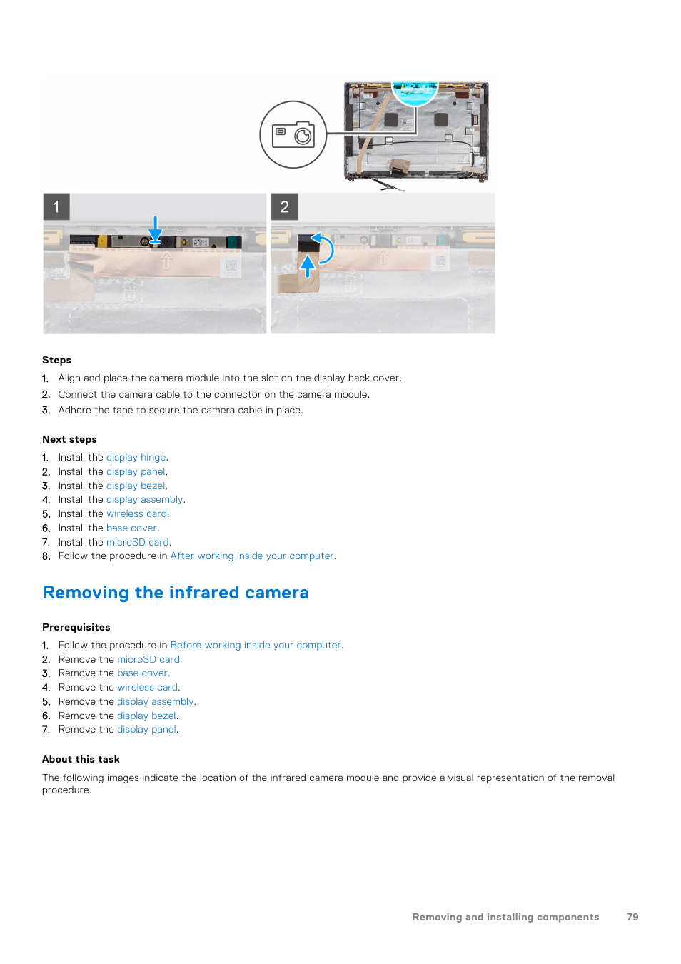 Removing the infrared camera | Dell 14" Mobile Precision 3470 Mobile Workstation (Silver) User Manual | Page 79 / 121