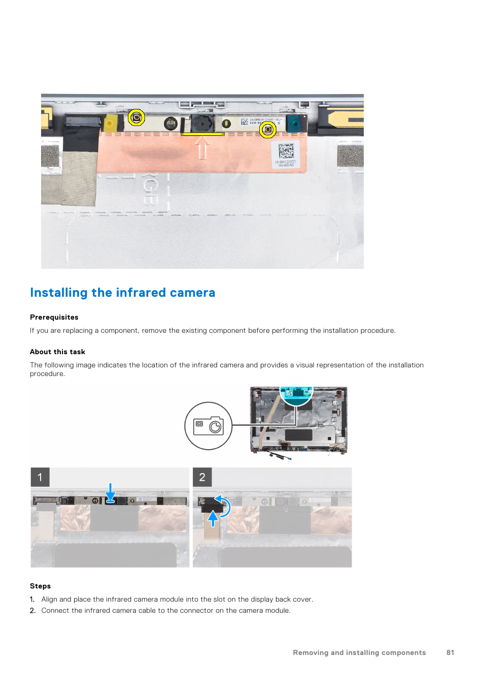 Installing the infrared camera | Dell 14" Mobile Precision 3470 Mobile Workstation (Silver) User Manual | Page 81 / 121