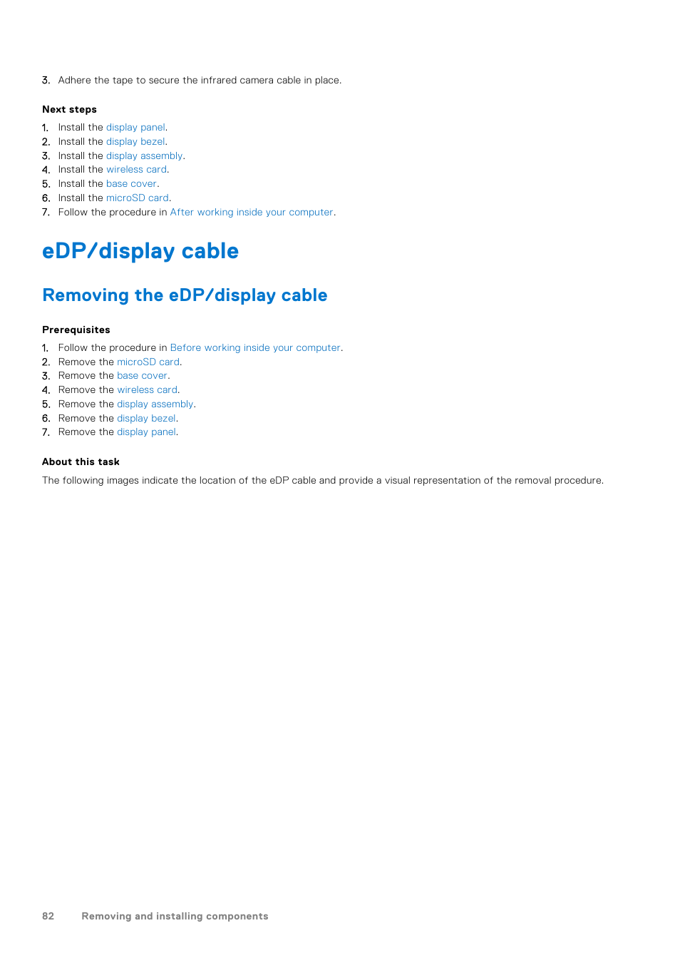 Edp/display cable, Removing the edp/display cable | Dell 14" Mobile Precision 3470 Mobile Workstation (Silver) User Manual | Page 82 / 121