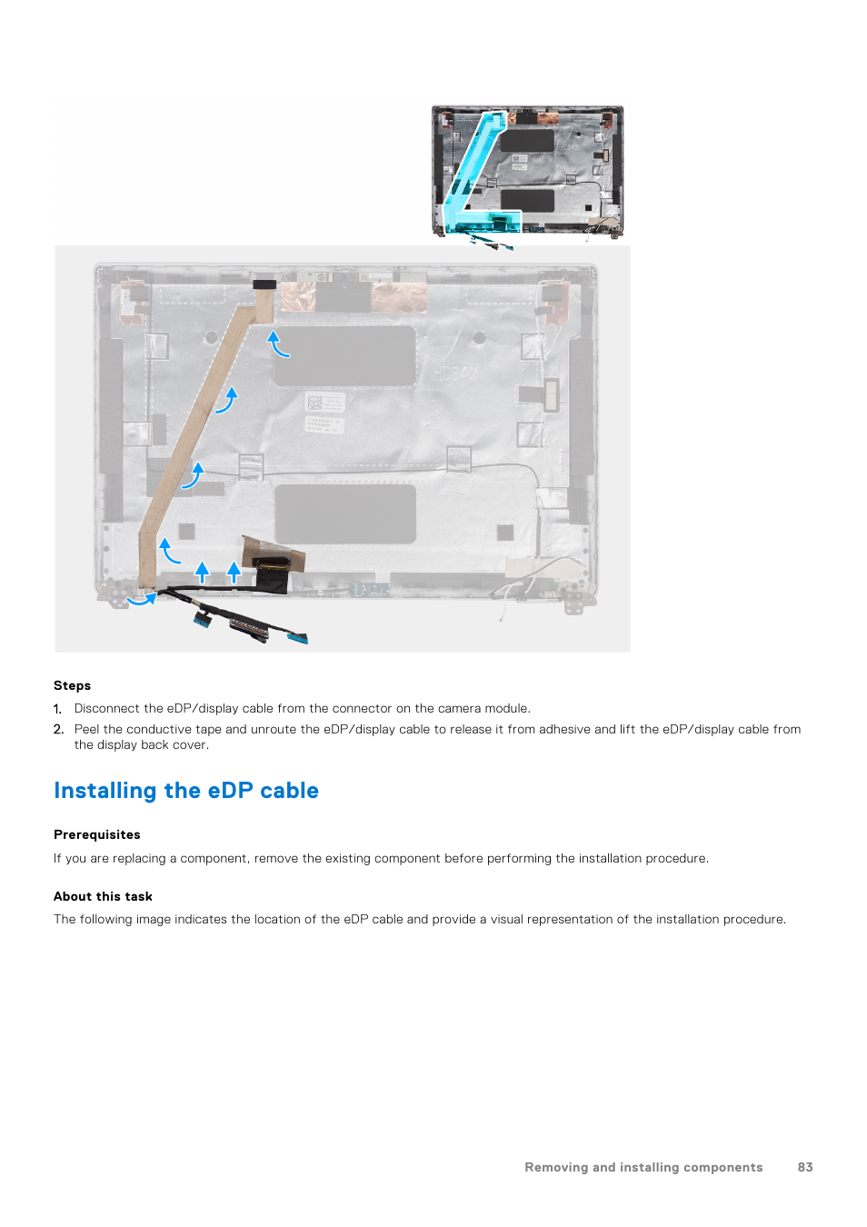Installing the edp cable | Dell 14" Mobile Precision 3470 Mobile Workstation (Silver) User Manual | Page 83 / 121
