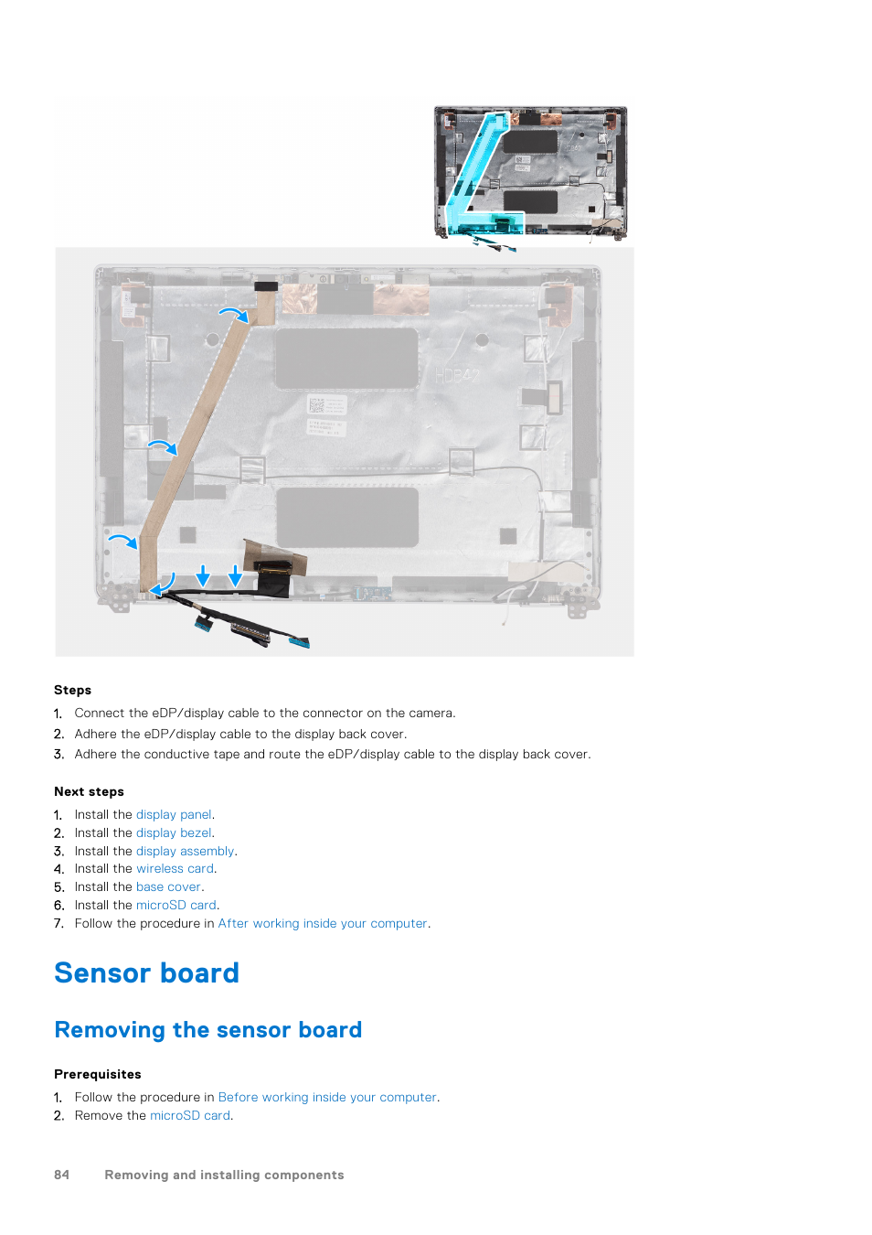 Sensor board, Removing the sensor board | Dell 14" Mobile Precision 3470 Mobile Workstation (Silver) User Manual | Page 84 / 121
