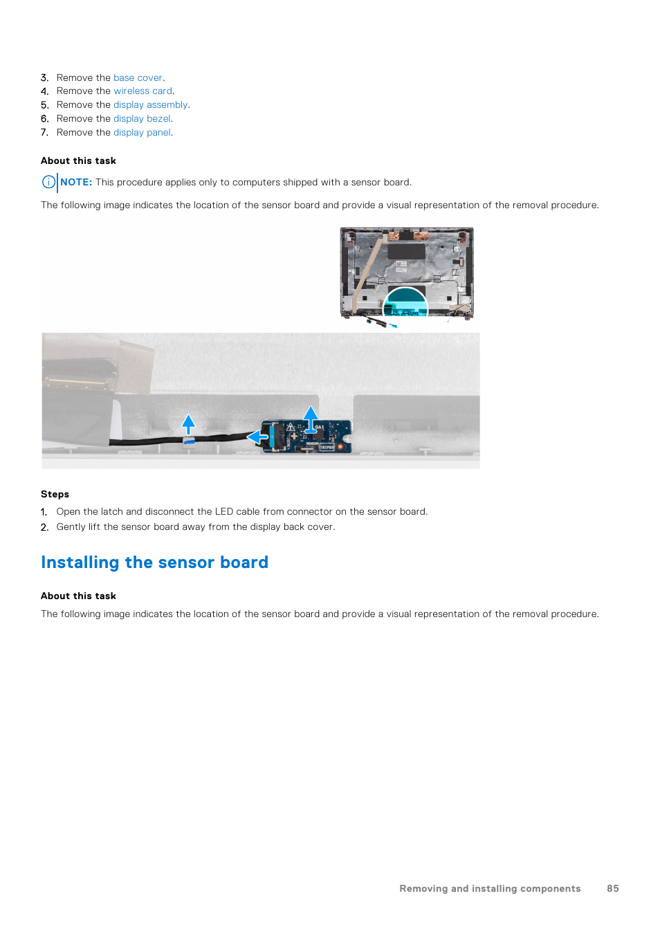 Installing the sensor board | Dell 14" Mobile Precision 3470 Mobile Workstation (Silver) User Manual | Page 85 / 121