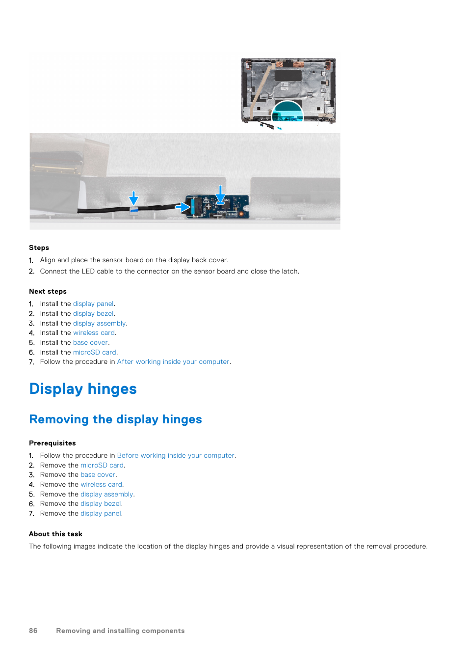 Display hinges, Removing the display hinges | Dell 14" Mobile Precision 3470 Mobile Workstation (Silver) User Manual | Page 86 / 121