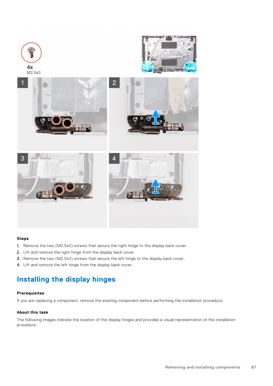 Installing the display hinges, Display hinge | Dell 14" Mobile Precision 3470 Mobile Workstation (Silver) User Manual | Page 87 / 121