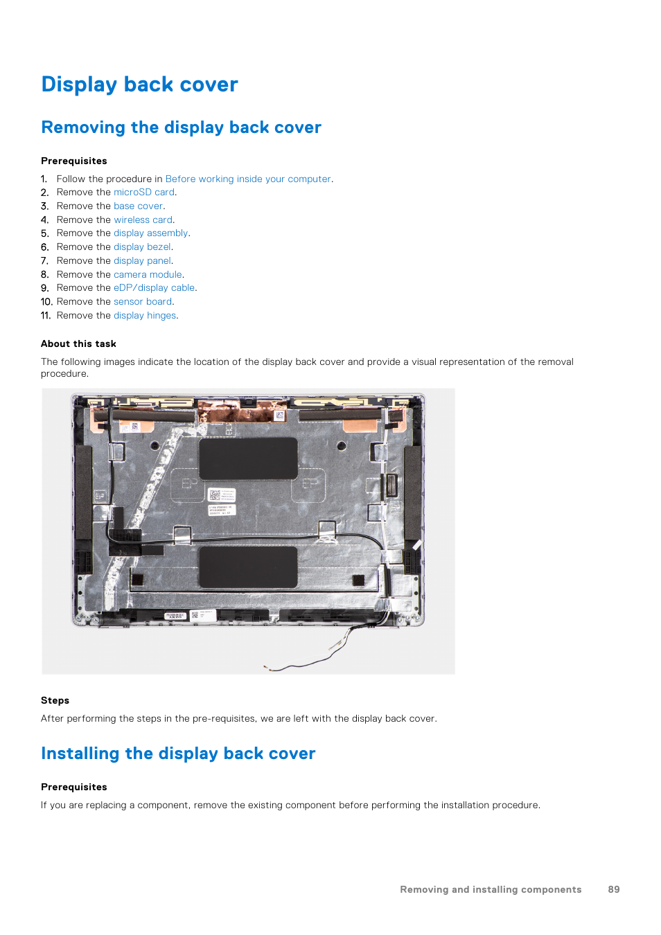Display back cover, Removing the display back cover, Installing the display back cover | Dell 14" Mobile Precision 3470 Mobile Workstation (Silver) User Manual | Page 89 / 121