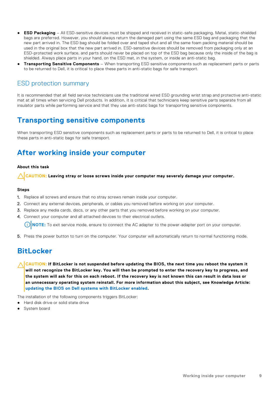Transporting sensitive components, After working inside your computer, Bitlocker | Esd protection summary | Dell 14" Mobile Precision 3470 Mobile Workstation (Silver) User Manual | Page 9 / 121