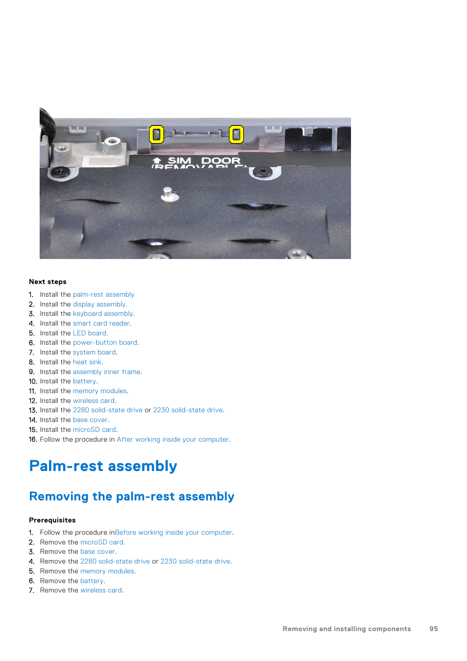 Palm-rest assembly, Removing the palm-rest assembly | Dell 14" Mobile Precision 3470 Mobile Workstation (Silver) User Manual | Page 95 / 121