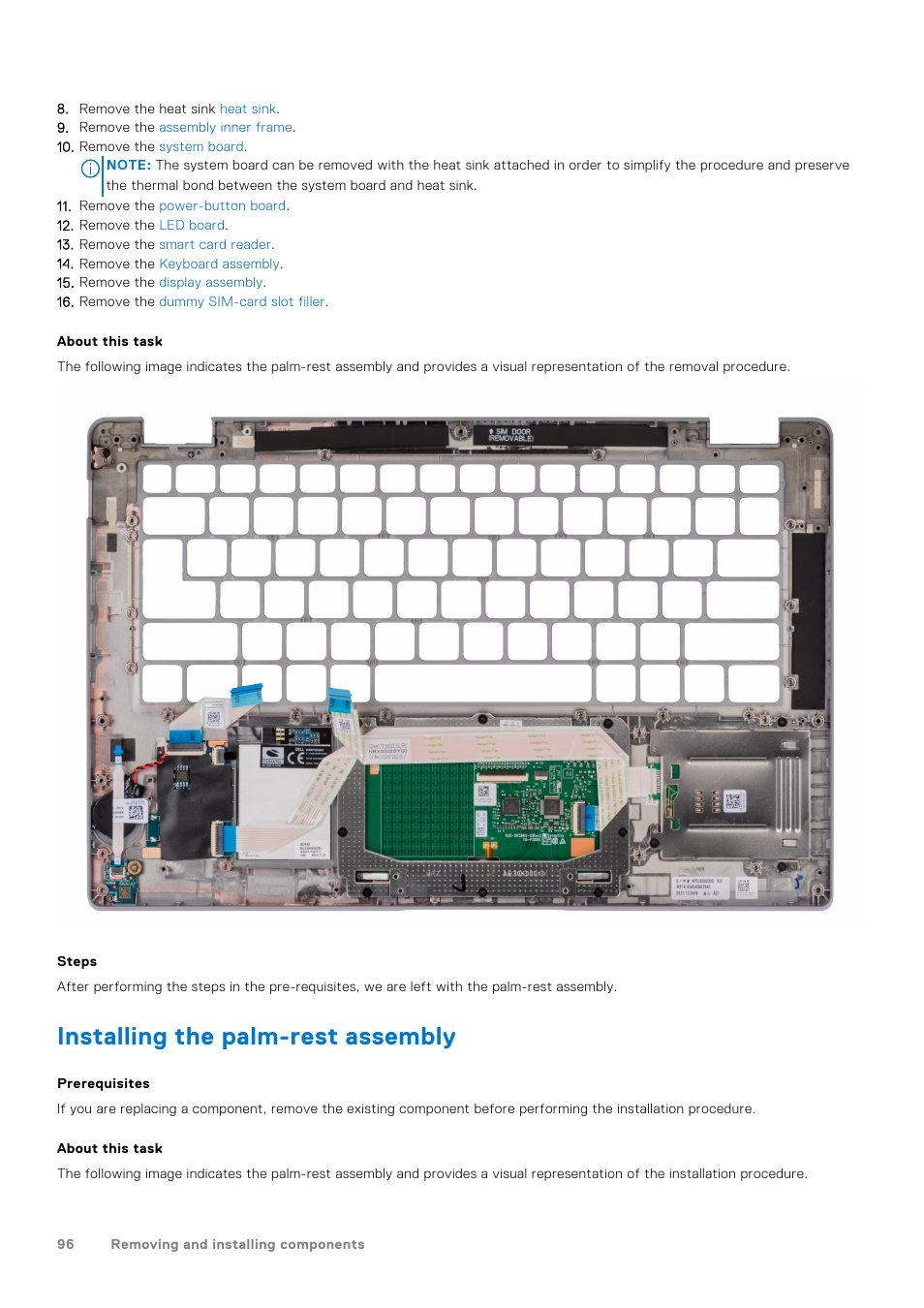 Installing the palm-rest assembly | Dell 14" Mobile Precision 3470 Mobile Workstation (Silver) User Manual | Page 96 / 121