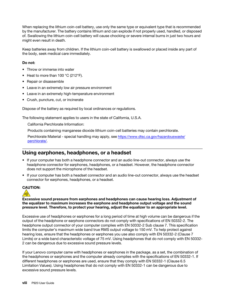 Using earphones, headphones, or a headset | Lenovo ThinkStation P920 Tower Workstation User Manual | Page 10 / 174