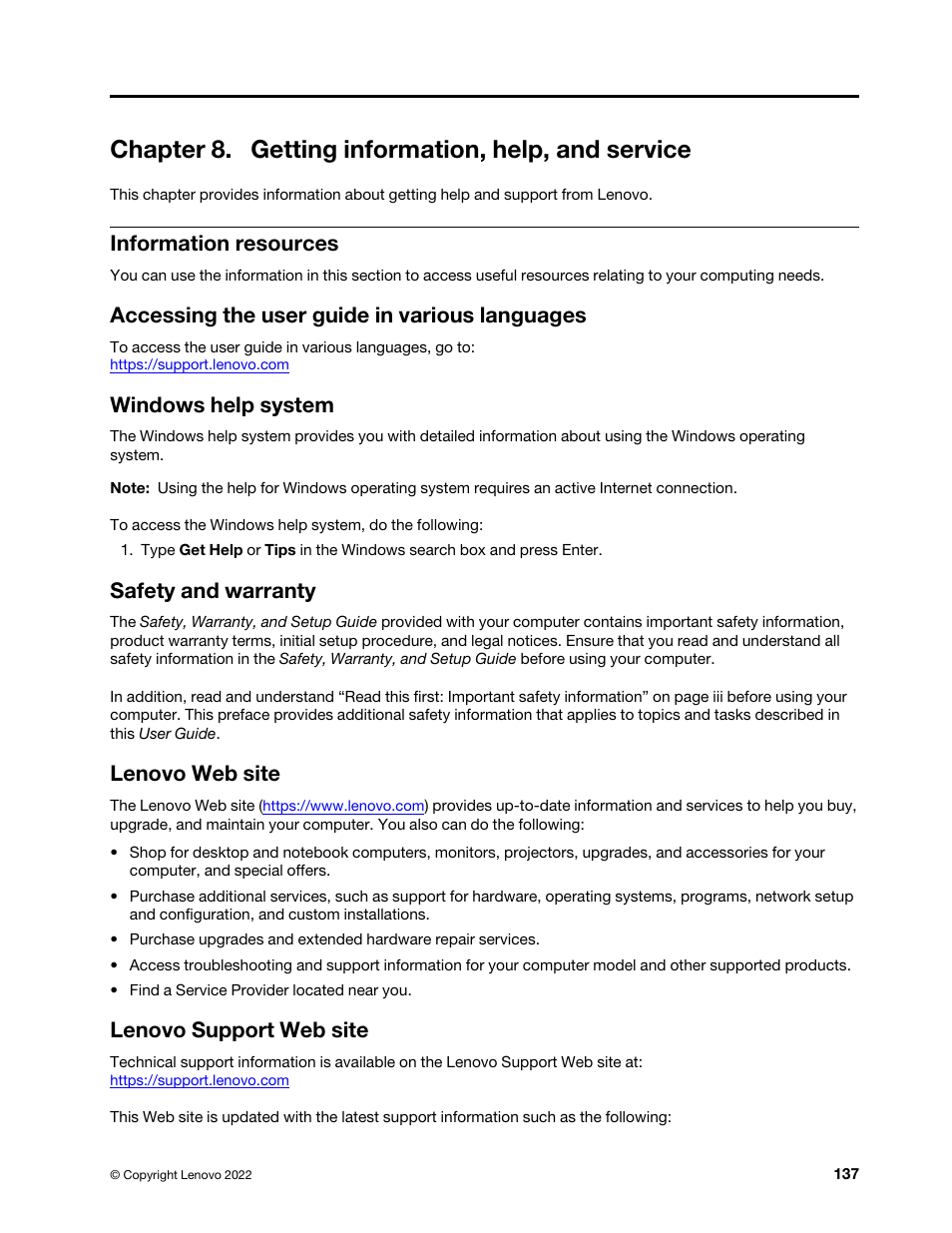 Chapter 8. getting information, help, and service, Information resources, Accessing the user guide in various languages | Windows help system, Safety and warranty, Lenovo web site, Lenovo support web site | Lenovo ThinkStation P920 Tower Workstation User Manual | Page 149 / 174