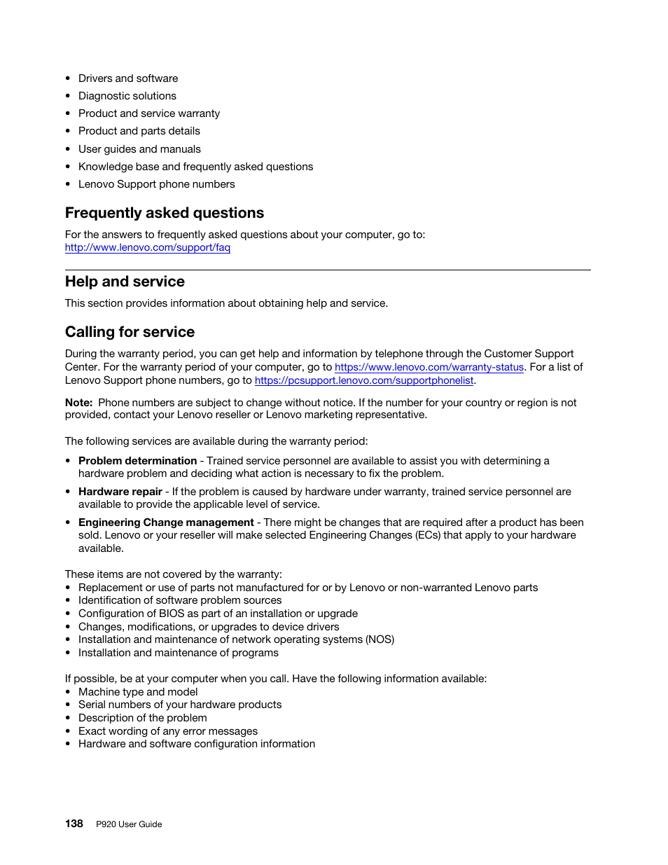 Frequently asked questions, Help and service, Calling for service | Lenovo ThinkStation P920 Tower Workstation User Manual | Page 150 / 174