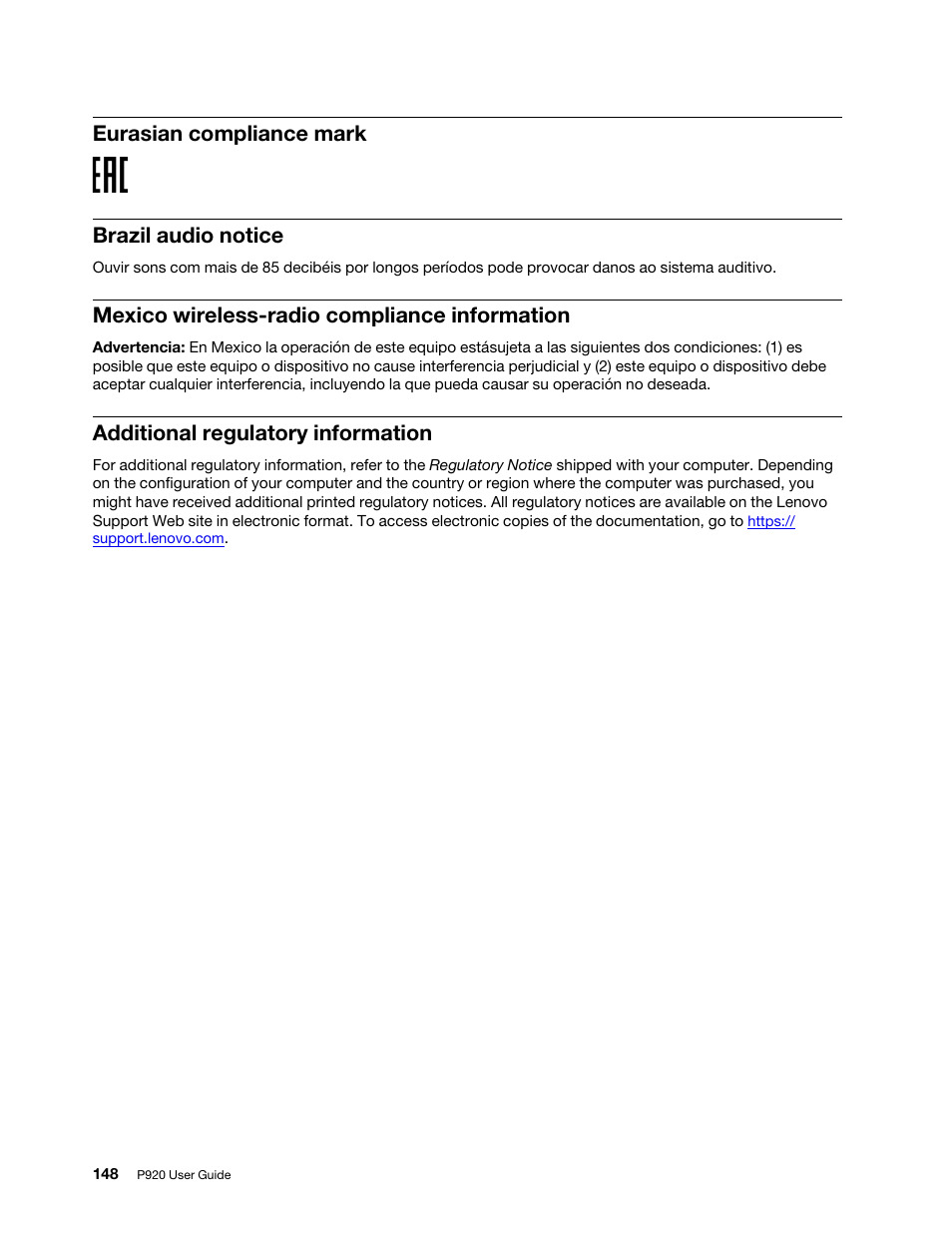 Eurasian compliance mark brazil audio notice, Mexico wireless-radio compliance information, Additional regulatory information | Lenovo ThinkStation P920 Tower Workstation User Manual | Page 160 / 174