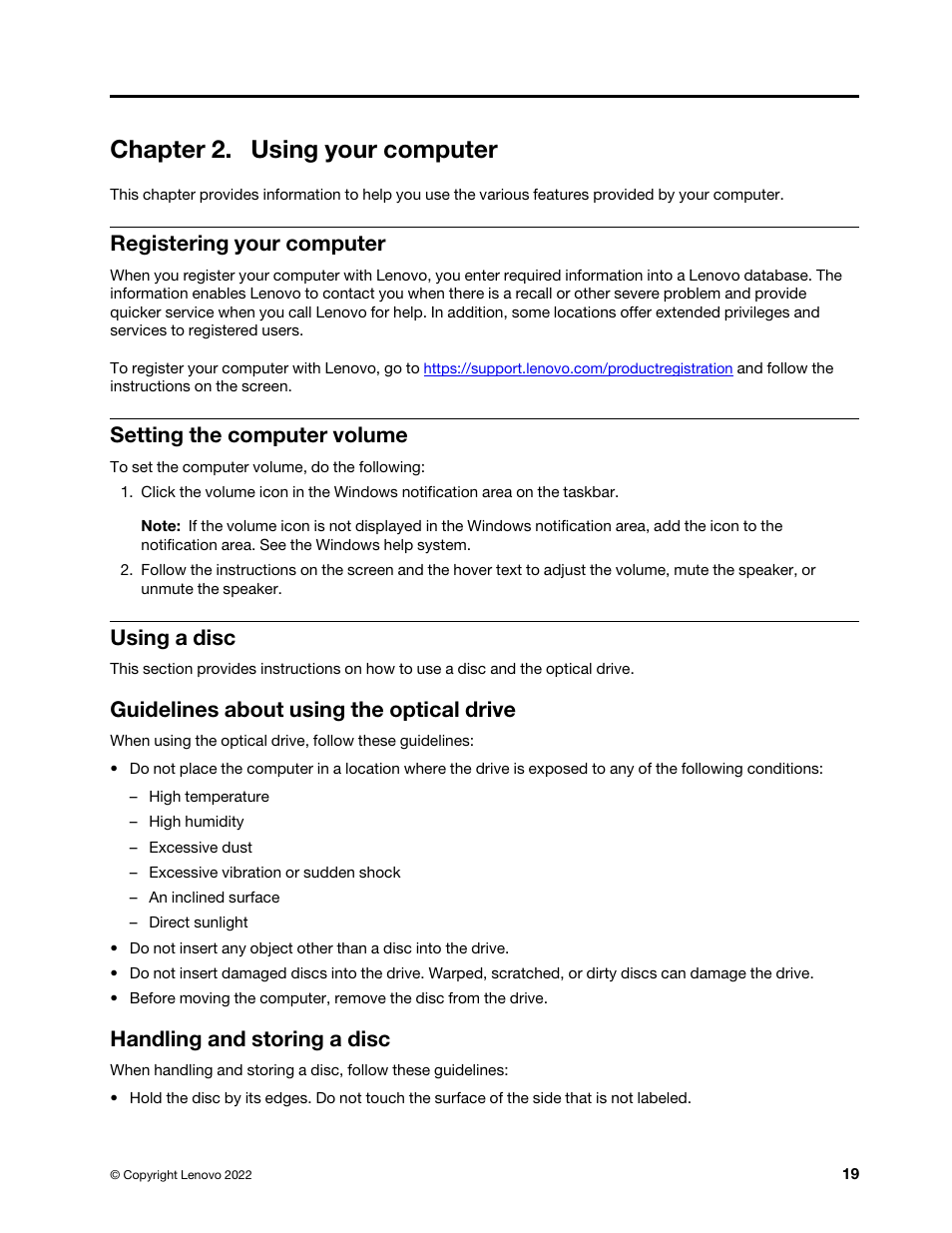 Chapter 2. using your computer, Registering your computer, Setting the computer volume | Using a disc, Guidelines about using the optical drive, Handling and storing a disc | Lenovo ThinkStation P920 Tower Workstation User Manual | Page 31 / 174