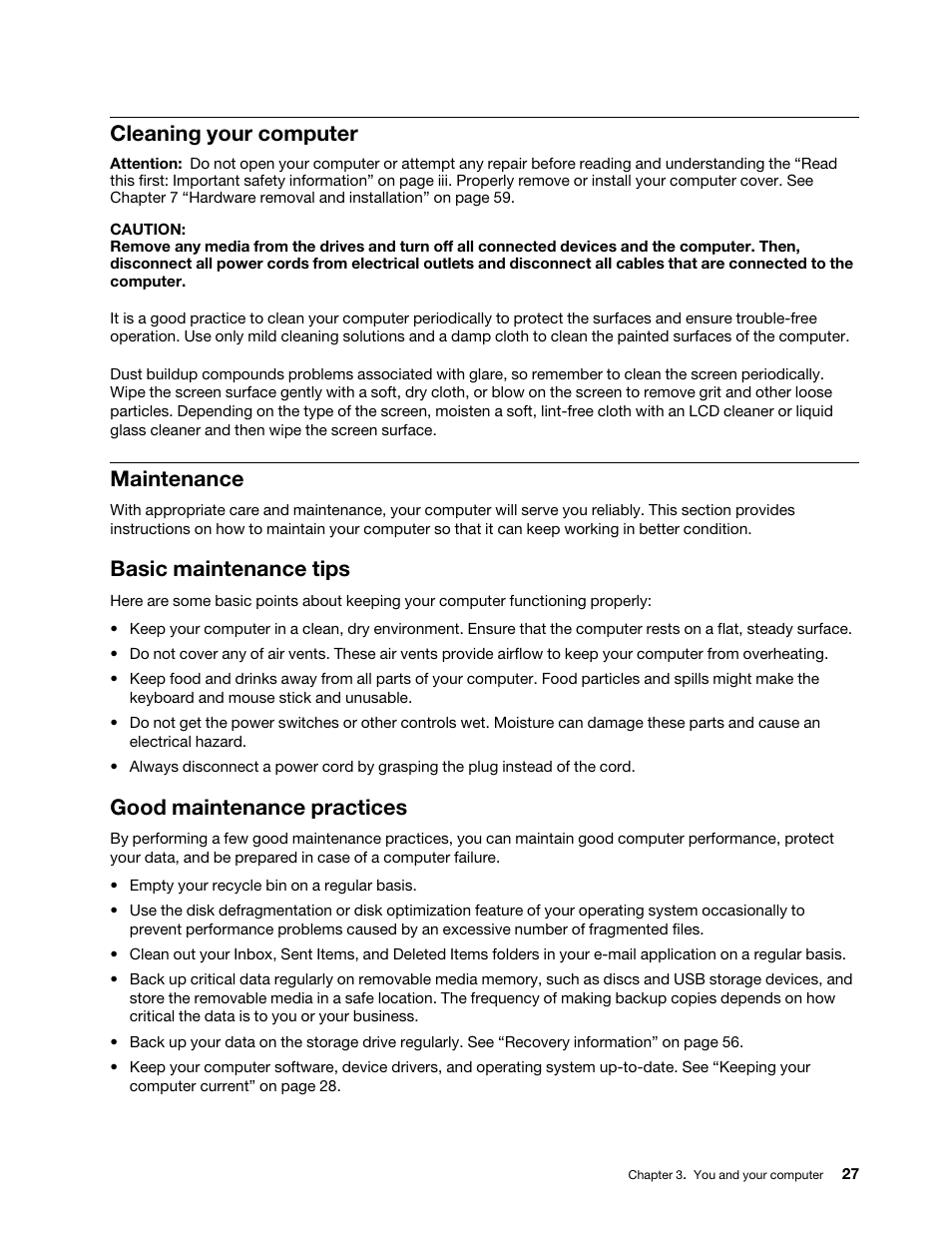 Cleaning your computer, Maintenance, Basic maintenance tips | Good maintenance practices, Cleaning your computer maintenance, Basic maintenance tips good maintenance practices | Lenovo ThinkStation P920 Tower Workstation User Manual | Page 39 / 174