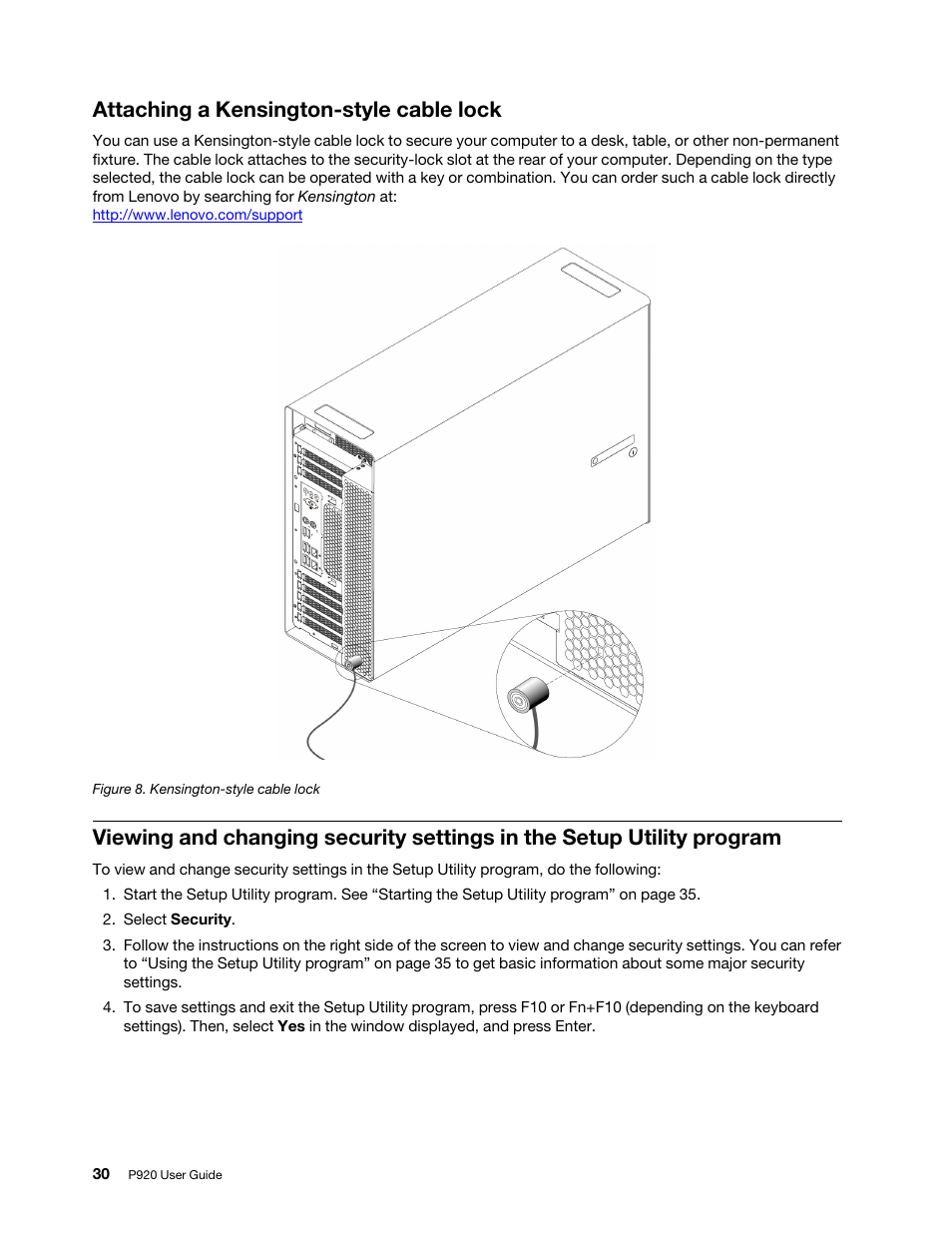 Attaching a kensington-style cable lock | Lenovo ThinkStation P920 Tower Workstation User Manual | Page 42 / 174