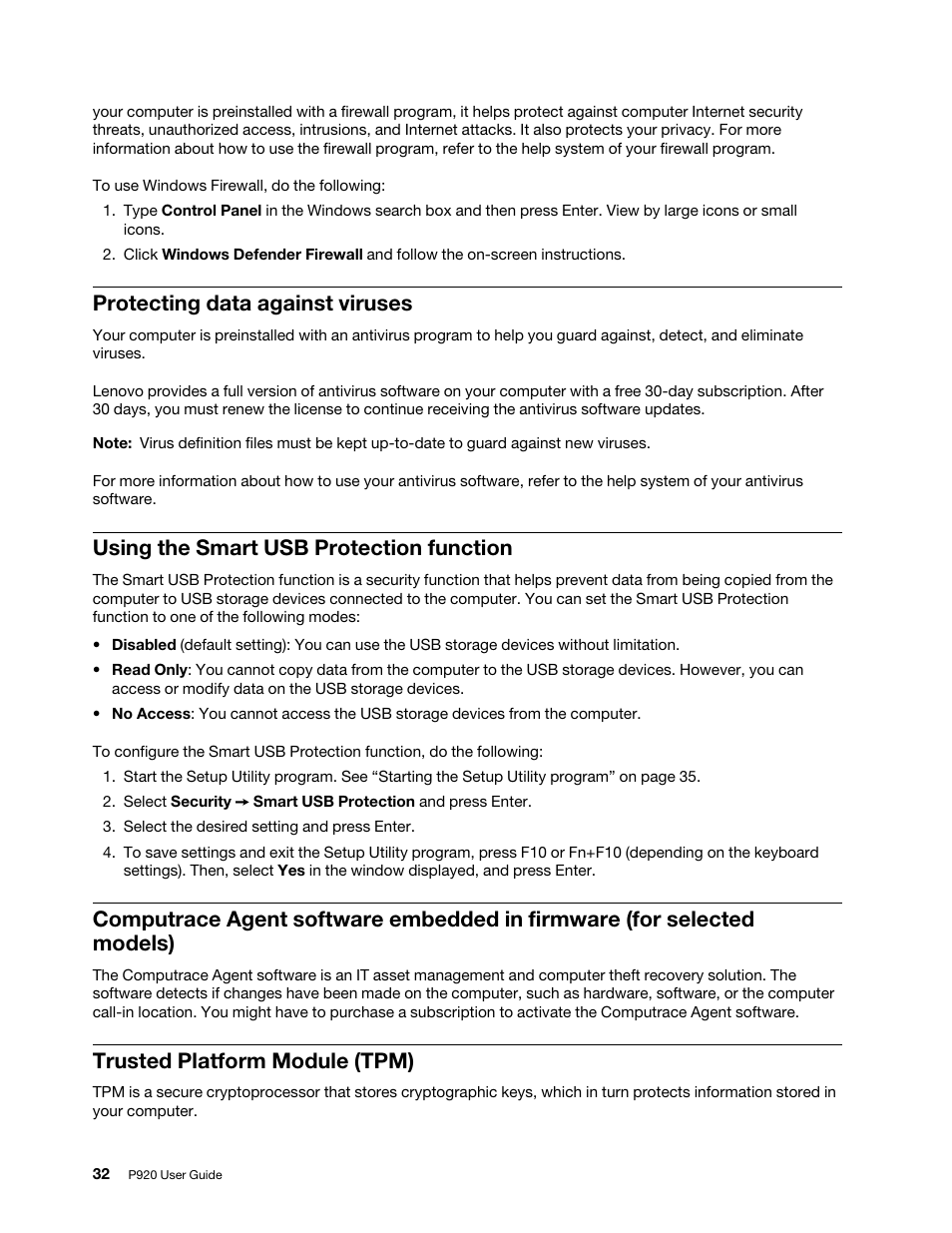 Protecting data against viruses, Using the smart usb protection function, Trusted platform module (tpm) | Lenovo ThinkStation P920 Tower Workstation User Manual | Page 44 / 174