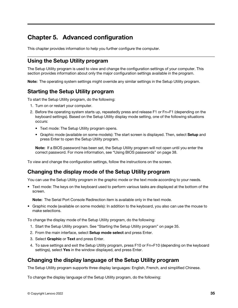 Chapter 5. advanced configuration, Using the setup utility program, Starting the setup utility program | Lenovo ThinkStation P920 Tower Workstation User Manual | Page 47 / 174