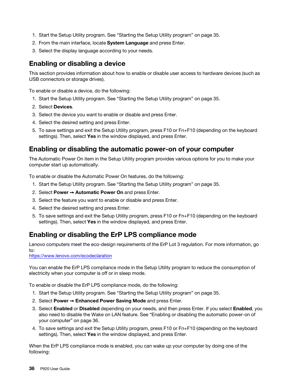 Enabling or disabling a device, Enabling or disabling the erp lps compliance mode | Lenovo ThinkStation P920 Tower Workstation User Manual | Page 48 / 174