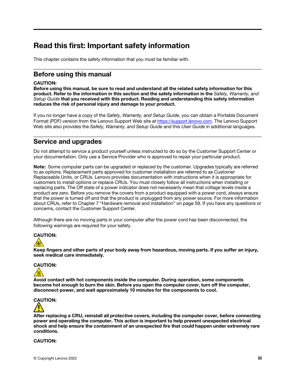 Read this first: important safety information, Before using this manual, Service and upgrades | Lenovo ThinkStation P920 Tower Workstation User Manual | Page 5 / 174