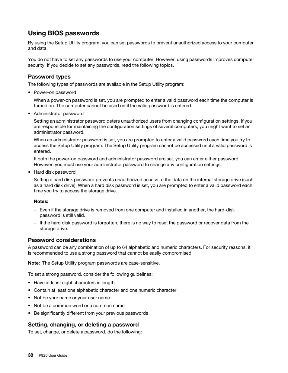 Using bios passwords | Lenovo ThinkStation P920 Tower Workstation User Manual | Page 50 / 174