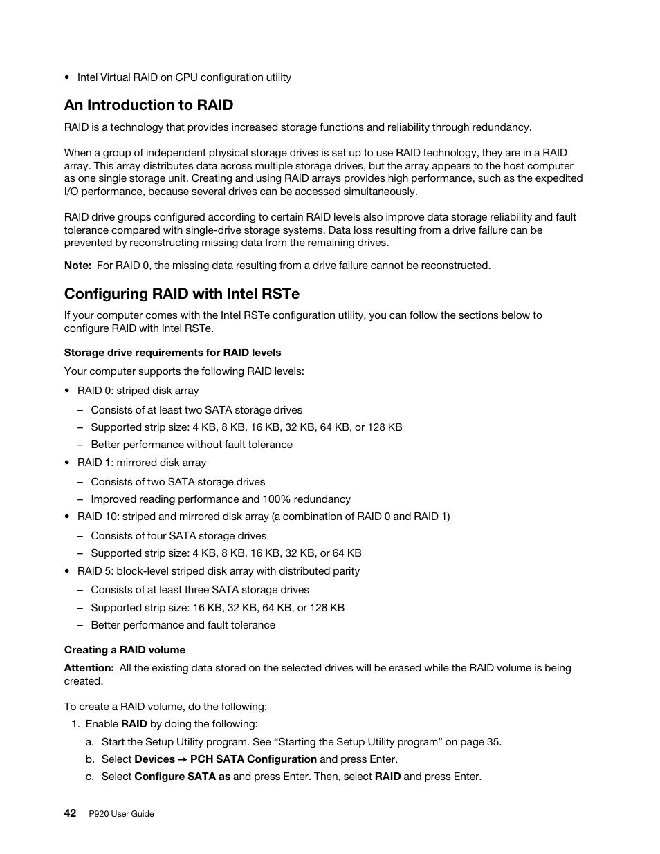 An introduction to raid, Configuring raid with intel rste | Lenovo ThinkStation P920 Tower Workstation User Manual | Page 54 / 174