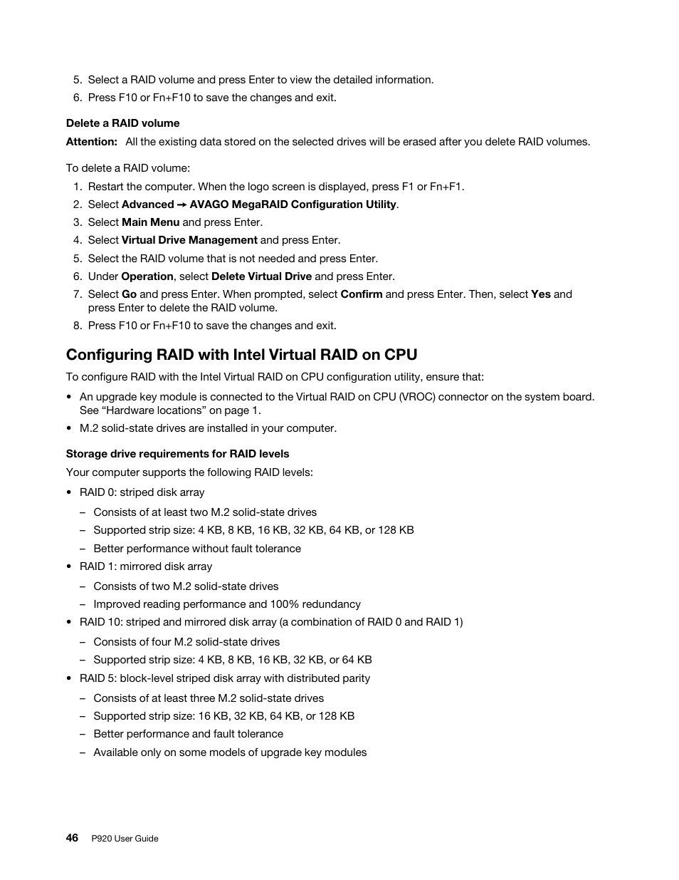 Configuring raid with intel virtual raid on cpu | Lenovo ThinkStation P920 Tower Workstation User Manual | Page 58 / 174