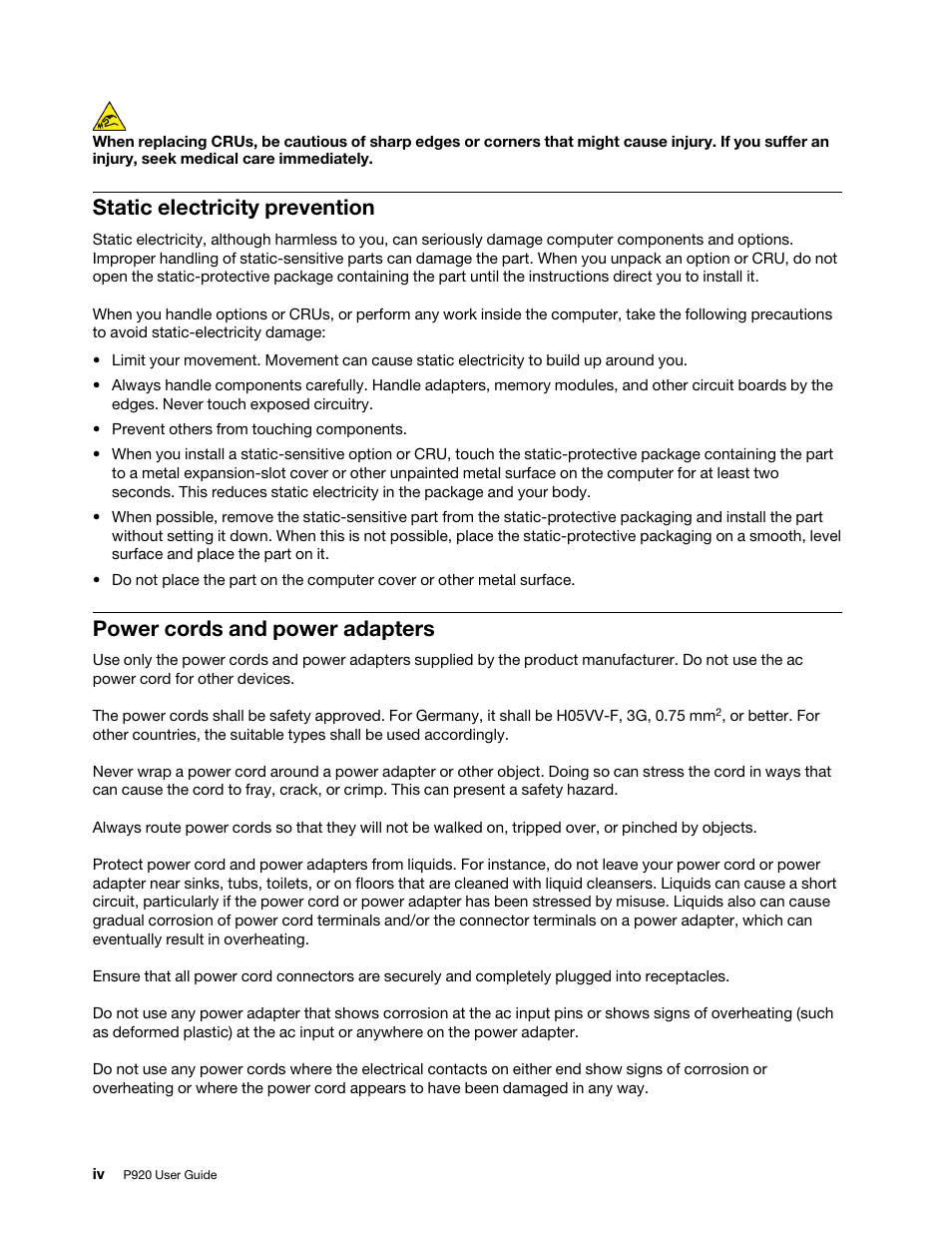 Static electricity prevention, Power cords and power adapters | Lenovo ThinkStation P920 Tower Workstation User Manual | Page 6 / 174