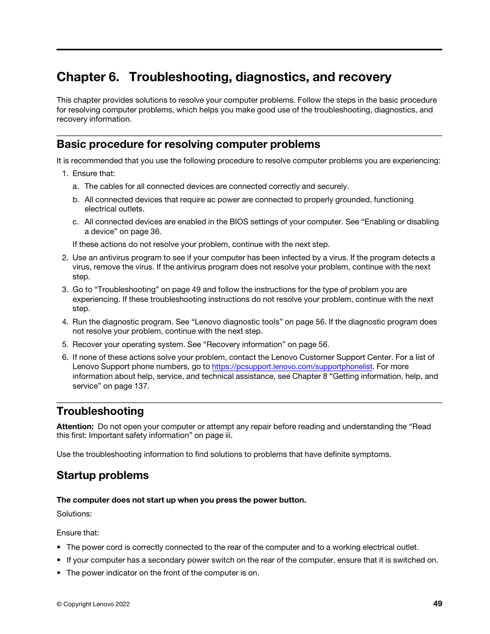 Basic procedure for resolving computer problems, Troubleshooting, Startup problems | Lenovo ThinkStation P920 Tower Workstation User Manual | Page 61 / 174