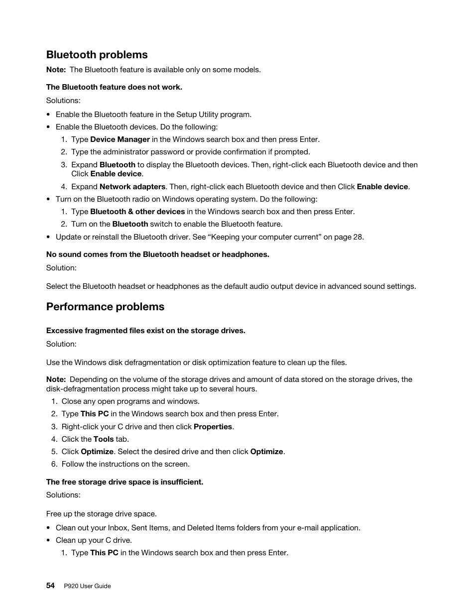 Bluetooth problems, Performance problems, Bluetooth problems performance problems | Lenovo ThinkStation P920 Tower Workstation User Manual | Page 66 / 174