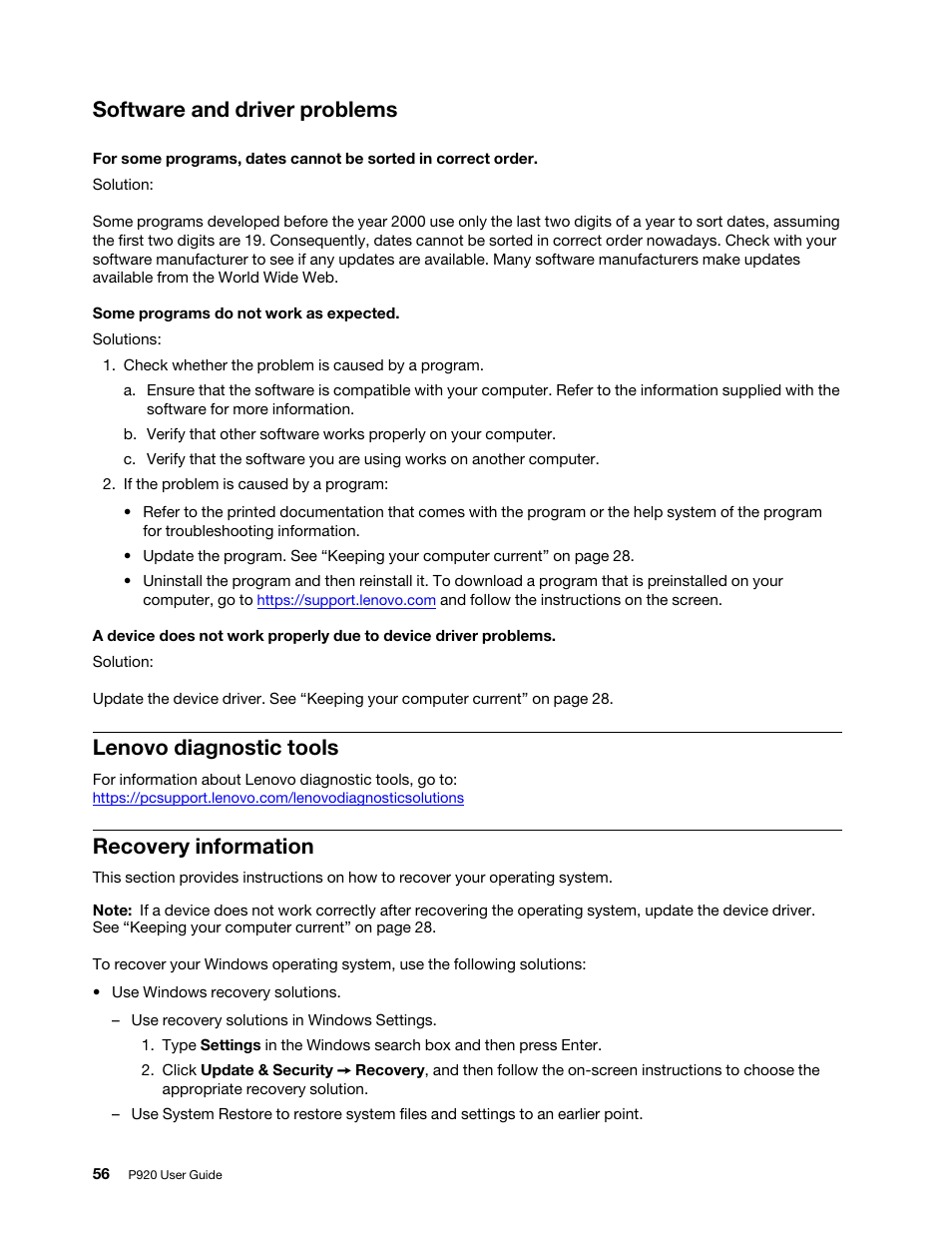 Software and driver problems, Lenovo diagnostic tools, Recovery information | Lenovo ThinkStation P920 Tower Workstation User Manual | Page 68 / 174