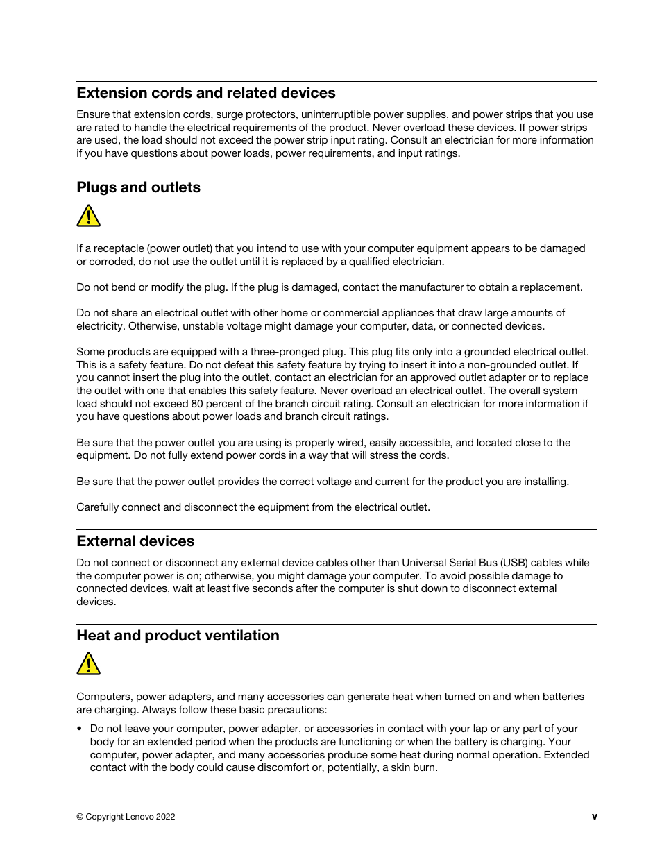 Extension cords and related devices, Plugs and outlets, External devices | Heat and product ventilation | Lenovo ThinkStation P920 Tower Workstation User Manual | Page 7 / 174