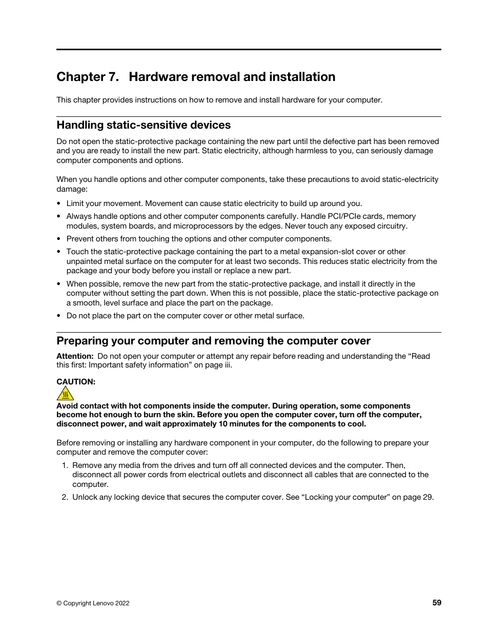 Chapter 7. hardware removal and installation, Handling static-sensitive devices, See chapter 7 “hardware removal and | See chapter 7 | Lenovo ThinkStation P920 Tower Workstation User Manual | Page 71 / 174