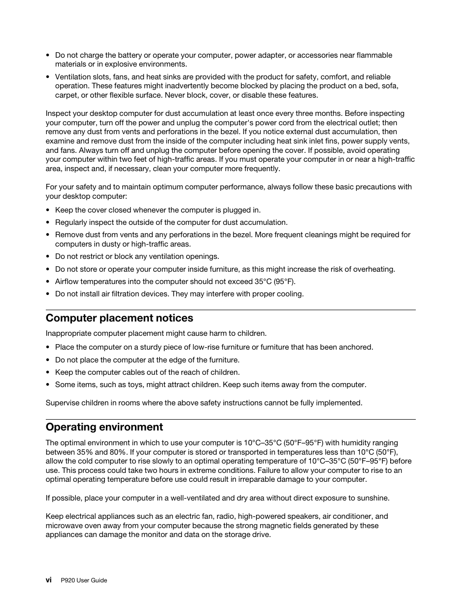 Computer placement notices, Operating environment | Lenovo ThinkStation P920 Tower Workstation User Manual | Page 8 / 174