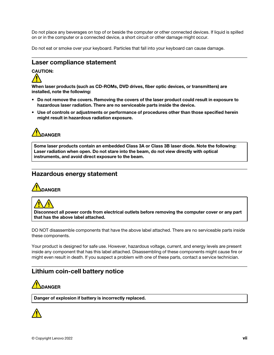 Laser compliance statement, Hazardous energy statement, Lithium coin-cell battery notice | Lenovo ThinkStation P920 Tower Workstation User Manual | Page 9 / 174