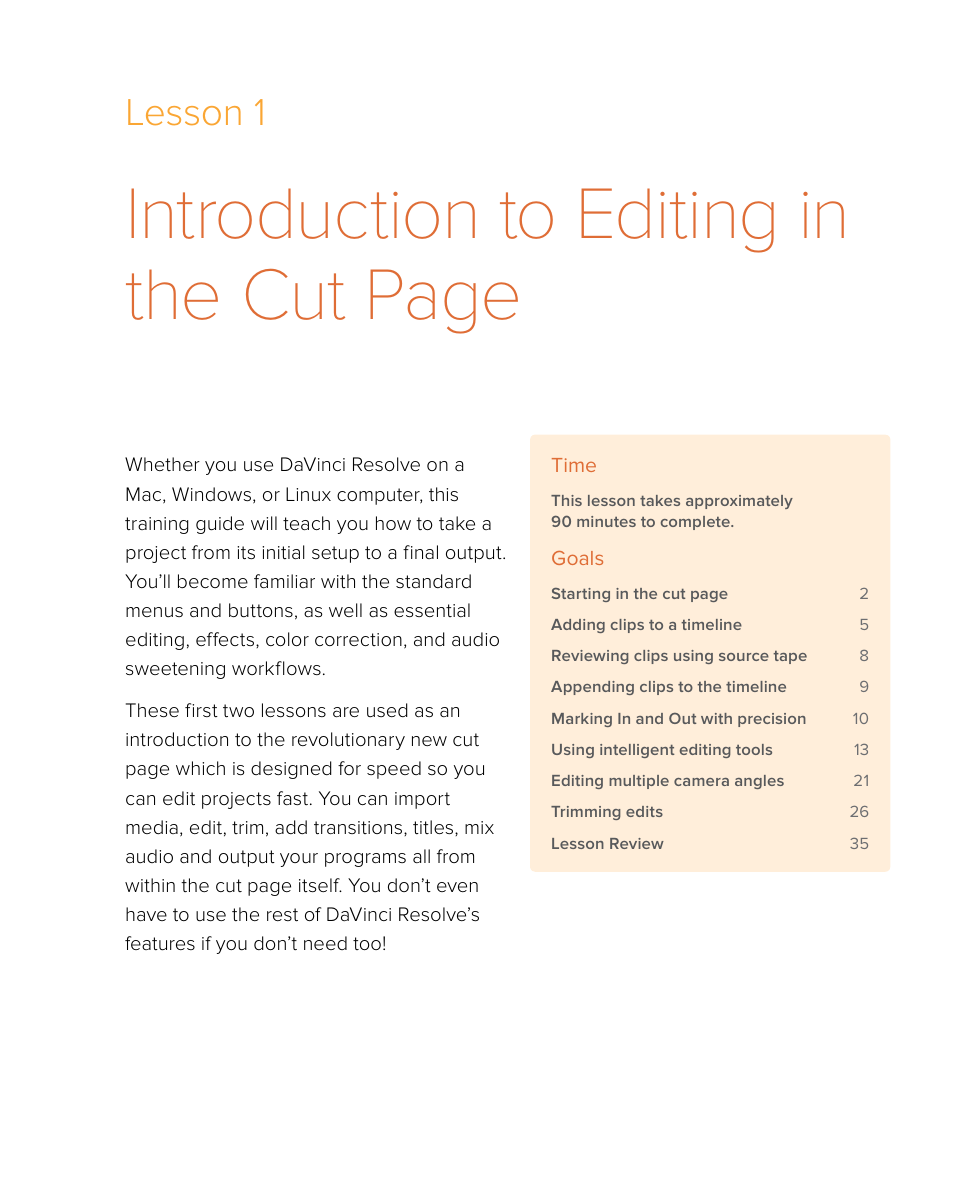 Introduction to editing in the cut page, Lesson 1 | Blackmagic Design DaVinci Resolve Studio (Dongle) User Manual | Page 16 / 444