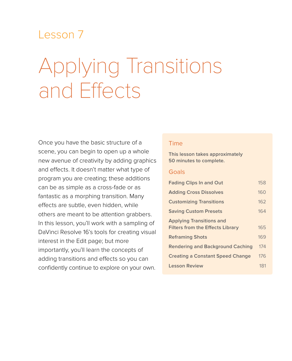 Applying transitions and effects, Lesson 7 | Blackmagic Design DaVinci Resolve Studio (Dongle) User Manual | Page 172 / 444