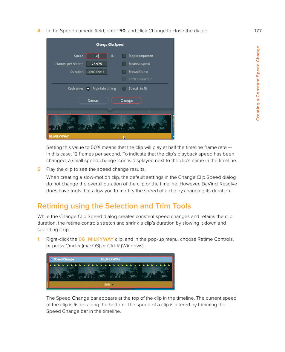 Retiming using the selection and trim tools | Blackmagic Design DaVinci Resolve Studio (Dongle) User Manual | Page 192 / 444