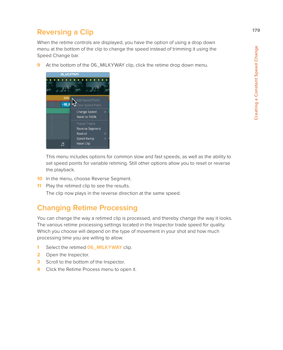 Reversing a clip, Changing retime processing | Blackmagic Design DaVinci Resolve Studio (Dongle) User Manual | Page 194 / 444