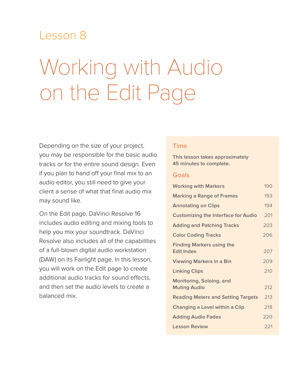 Working with audio on the edit page, Lesson 8 | Blackmagic Design DaVinci Resolve Studio (Dongle) User Manual | Page 204 / 444