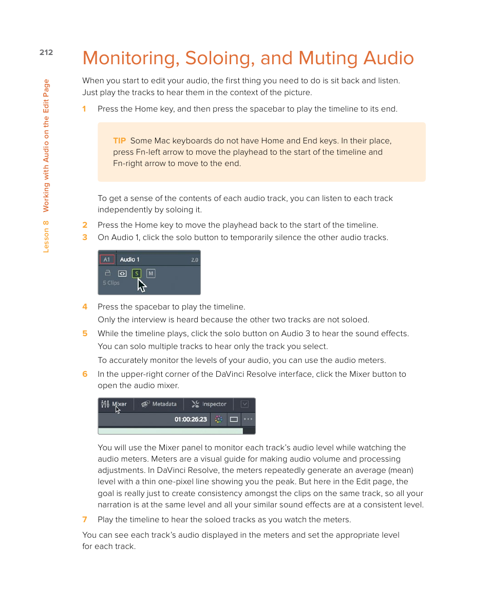 Monitoring, soloing, and muting audio | Blackmagic Design DaVinci Resolve Studio (Dongle) User Manual | Page 227 / 444