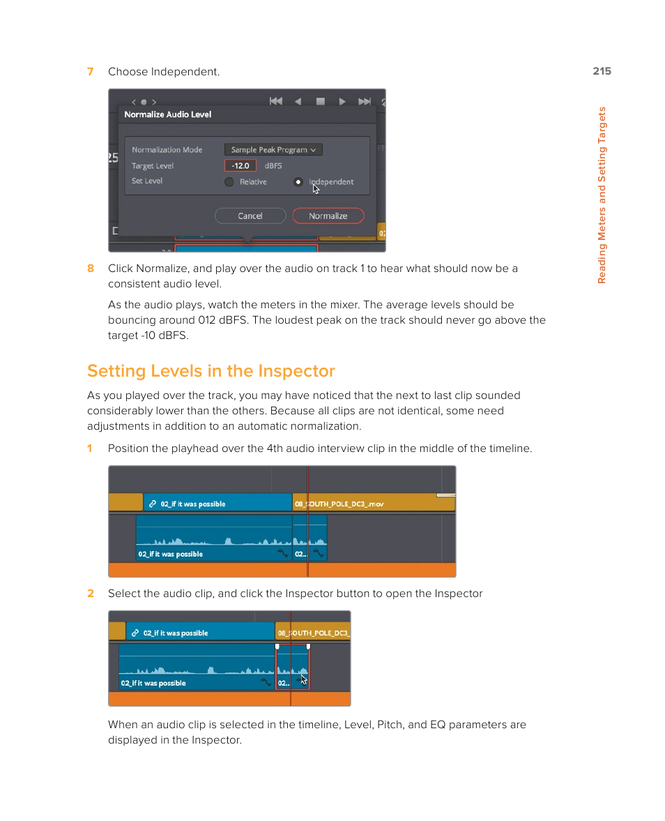 Setting levels in the inspector | Blackmagic Design DaVinci Resolve Studio (Dongle) User Manual | Page 230 / 444