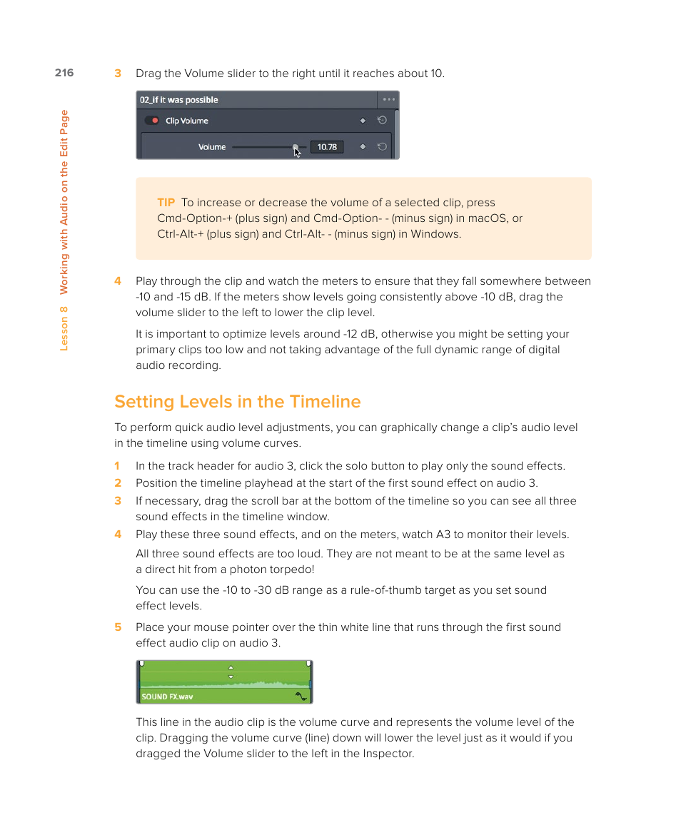 Setting levels in the timeline | Blackmagic Design DaVinci Resolve Studio (Dongle) User Manual | Page 231 / 444