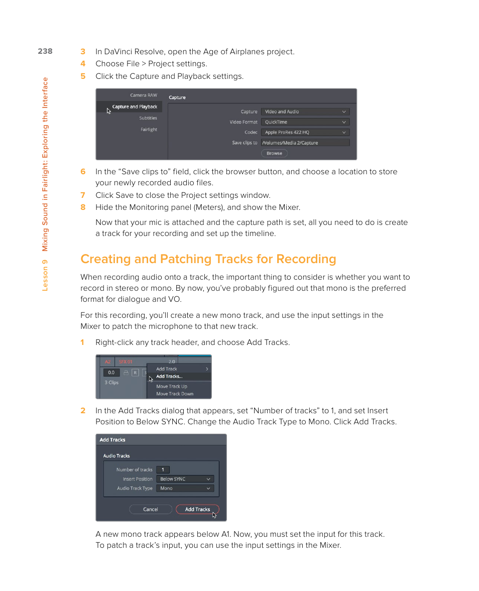 Creating and patching tracks for recording | Blackmagic Design DaVinci Resolve Studio (Dongle) User Manual | Page 253 / 444