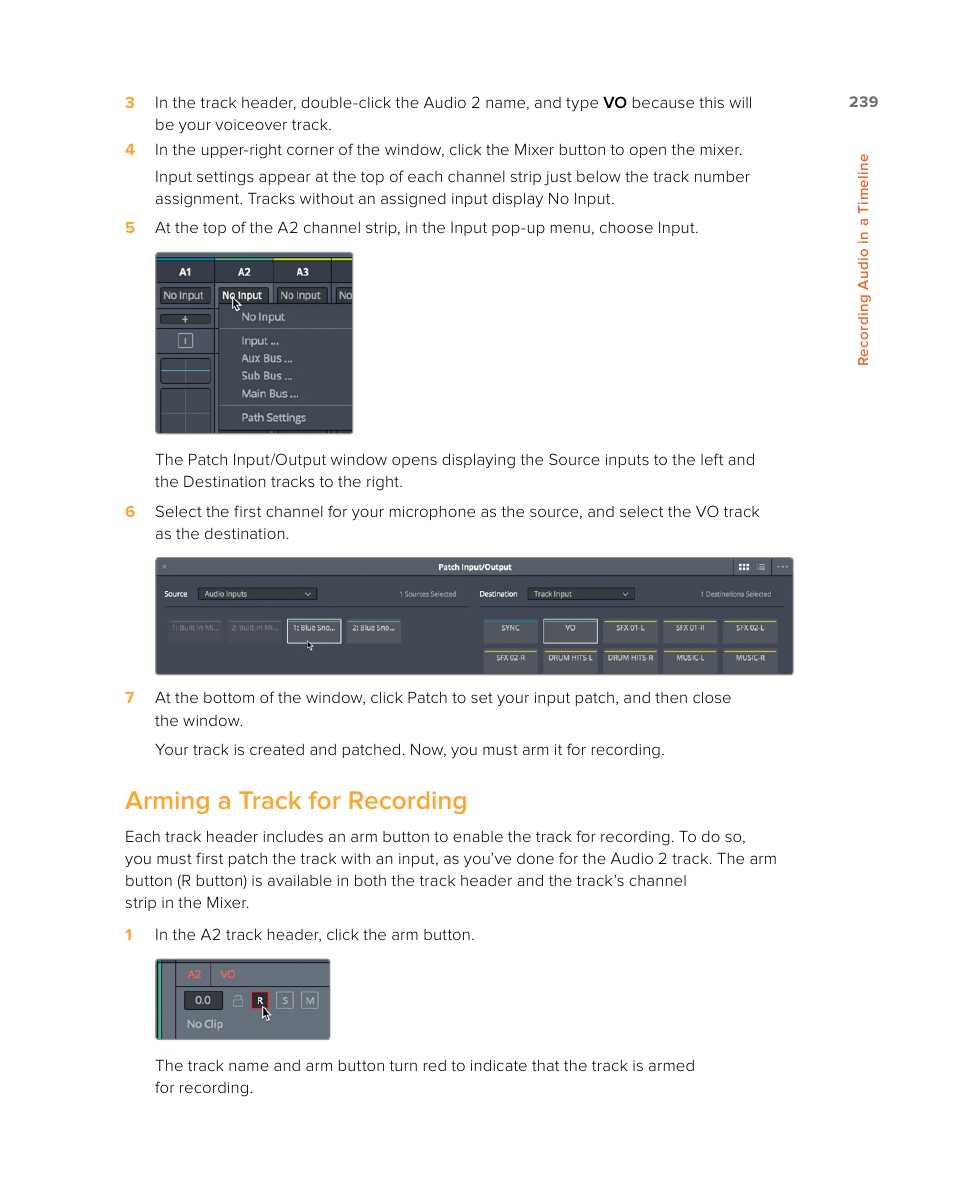 Arming a track for recording | Blackmagic Design DaVinci Resolve Studio (Dongle) User Manual | Page 254 / 444