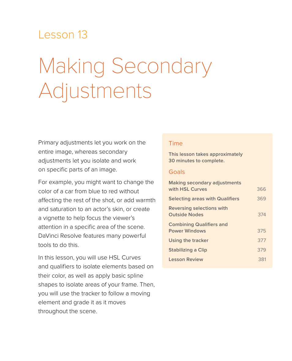 Making secondary adjustments, Lesson 13 | Blackmagic Design DaVinci Resolve Studio (Dongle) User Manual | Page 380 / 444