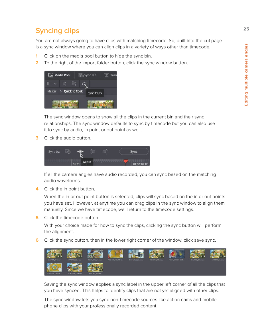 Syncing clips | Blackmagic Design DaVinci Resolve Studio (Dongle) User Manual | Page 40 / 444